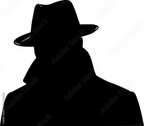 Mysterious Figure in Fedora: A stark black and white silhouette of a man in a fedora, symbolizing mystery, intrigue, and anonymity. The image is simple yet powerful