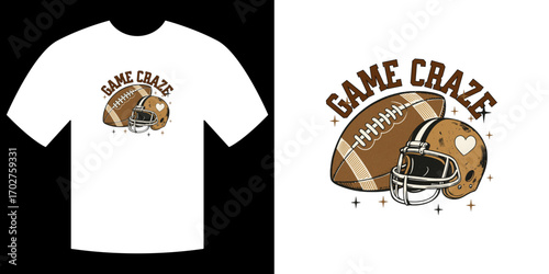 Game Craze T-Shirt Design: A dynamic graphic design featuring a football and helmet, embodies the thrill of the game and the passion of its fans. Ideal for apparel and merchandise.