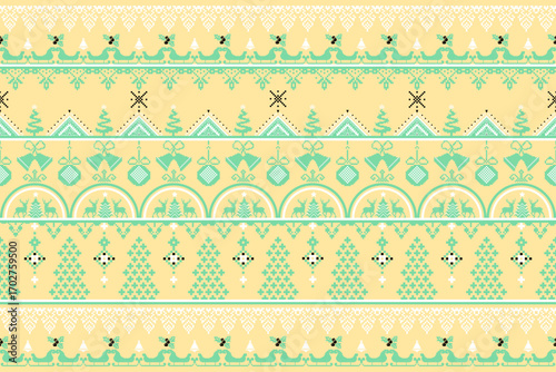 Christmas pattern in a pastel yellow and mint green color scheme. The design includes horizontal bands with various holiday motifs such as reindeer pulling sleighs, Christmas trees, snowflakes.