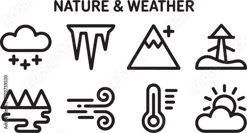 Collection of Nature and Weather Themed Icons Representing Winter Conditions and Natural Phenomena