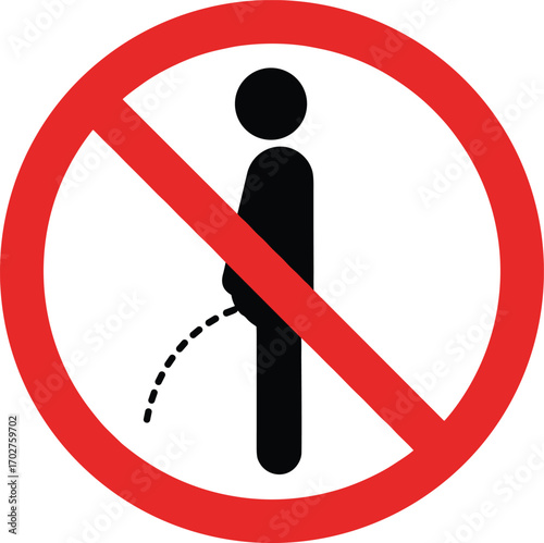 No urinating sign with red prohibition circle, black person icon urinating with curved dashed stream, public area warning