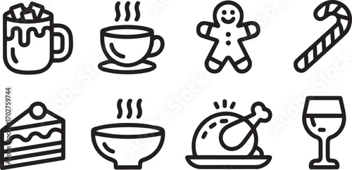 Festive Winter Food and Drink Icons Featuring Hot Cocoa Gingerbread Cookies Candy Cane Roast Turkey Slice of Cake and Wine