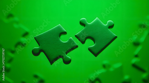 Two green puzzle pieces are about to connect against a blurred green background.