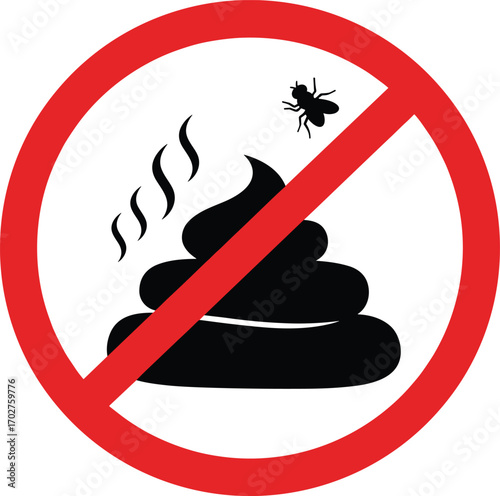No poop sign with red prohibition circle, black poop silhouette, fly, and stink lines, clean environment and health warning