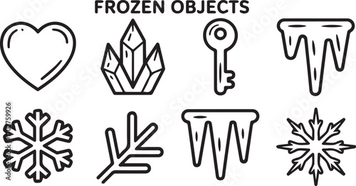 A Collection of Winter Themed Frozen Object Icons Featuring a Heart Snowflake Crystals Key and Icicles for Seasonal Design Projects
