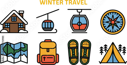 Collection of Winter Travel Icons Featuring Snowy Cabin Ski Lift Cable Car Compass Map Backpack Snowshoes and Tent Surrounded by Trees