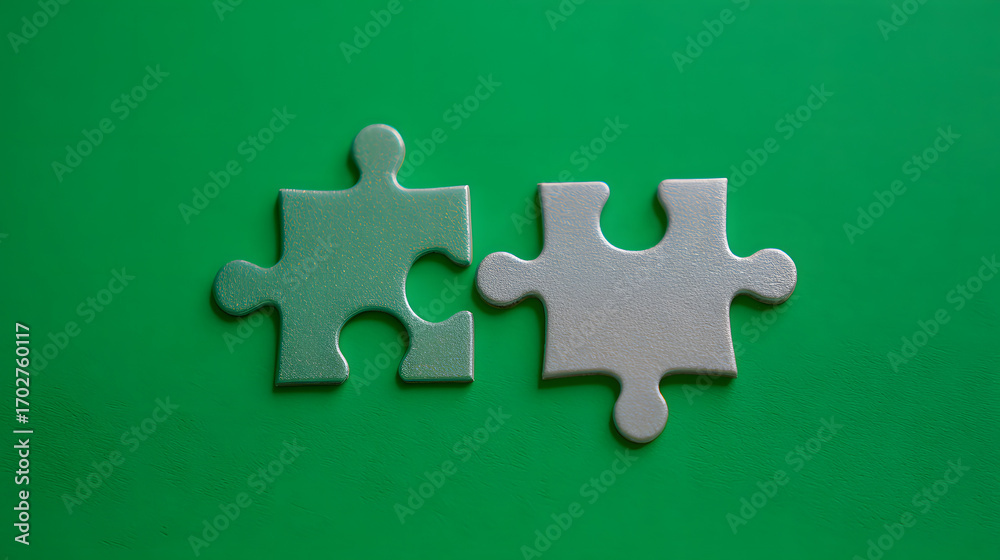 Obraz premium Two interlocking puzzle pieces on a vibrant green background, representing connection.