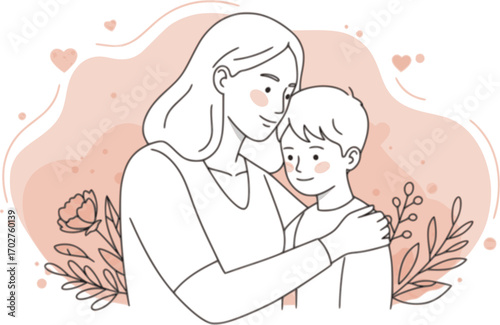 Mother and son line art vector illustration, mothers day celebration background

