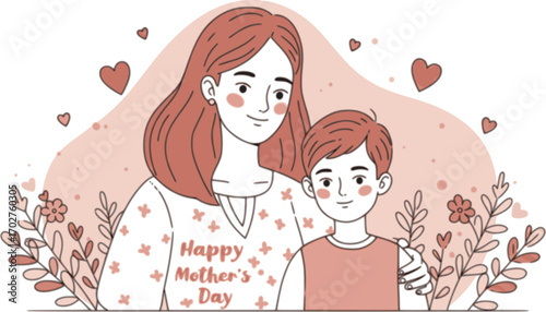 Mother and son line art vector illustration, mothers day celebration background
