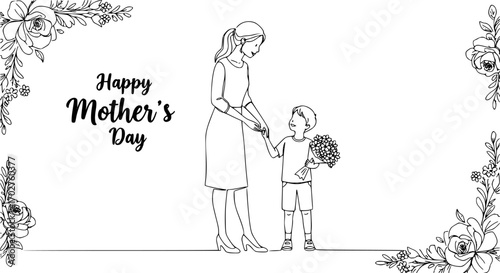Mother and son line art vector illustration, mothers day celebration background
