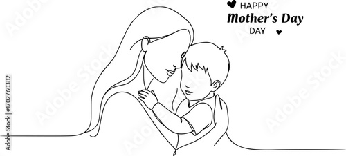 Mother and son line art vector illustration, mothers day celebration background
