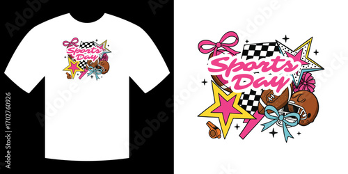 Sports Day T-shirt Design: A visually striking design for a sports day t-shirt, featuring colorful illustrations and playful typography.