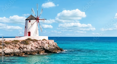 Windmill by sea with turquoise water and cliffside building under bright sky. Windmill structure for a landscape picture, showing a summer view of island shore with clear blue water, horizon,