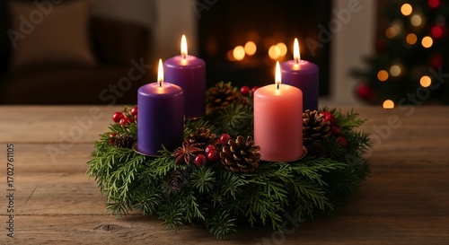 Lit Advent wreath on wooden table, showcasing four candles with evergreen boughs and pine cones. Advent wreath adds beauty to holiday display, reflecting traditions and Christmas anticipation,