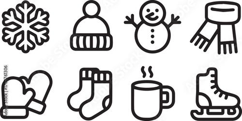 A Comprehensive Collection of Winter Season Icons Featuring Snowflakes Hats Snowmen Scarves Mittens Socks Hot Drinks and Ice Skates for Seasonal Design Projects