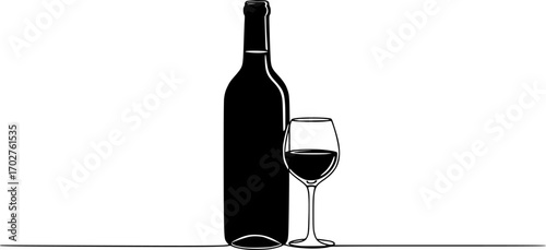 continuous line drawing bottle of wine with wineglass vector eps silhouette illustration isolated on white background

