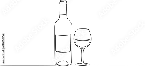 continuous line drawing bottle of wine with wineglass vector eps silhouette illustration isolated on white background
