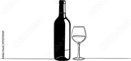 continuous line drawing bottle of wine with wineglass vector eps silhouette illustration isolated on white background

