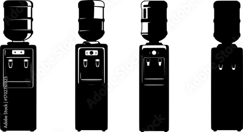Collection of four distinct water cooler dispenser silhouettes on a white background
