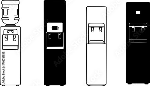 Collection of four distinct water cooler dispenser silhouettes on a white background
