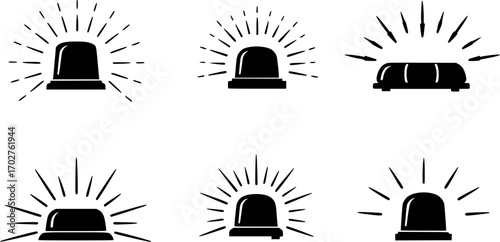 Five simple black silhouettes of flashing emergency lights with light rays
