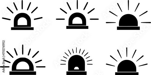 Five simple black silhouettes of flashing emergency lights with light rays
