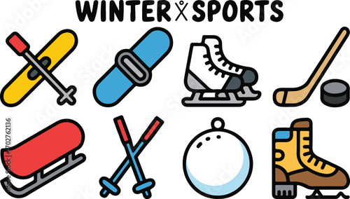 Collection of Winter Sports Icons Featuring Skiing Snowboarding Ice Skating Hockey Sledding and More