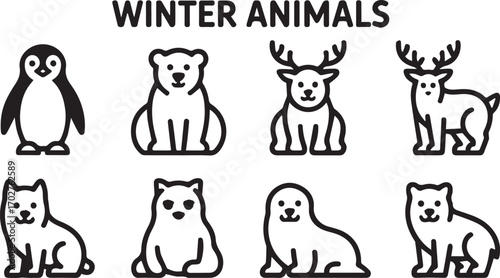 Collection of Stylized Line Art Icons Representing Various Winter Animals in a Simple Graphic Design Style