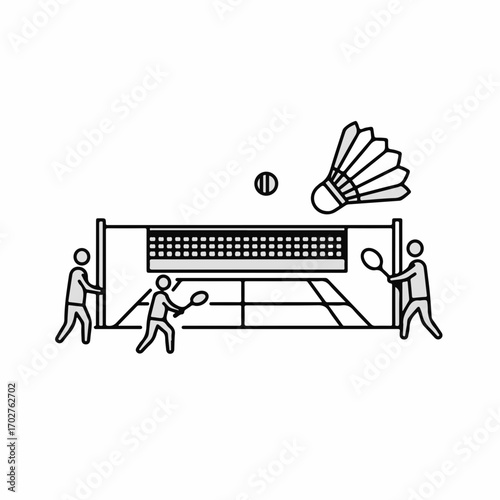 Active people playing badminton on a court with shuttlecock and ball in motion