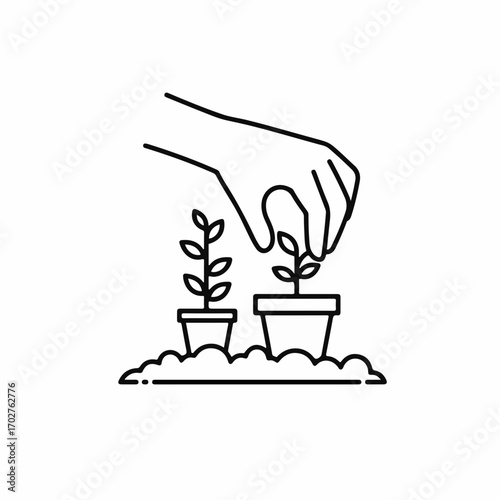 Gentle hand tending to small potted plants, symbolizing growth and care