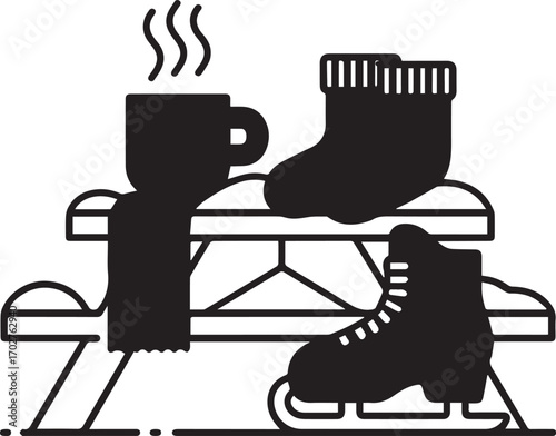 Cozy Winter Scene Featuring Hot Beverage Ice Skates and Warm Scarf on a Picnic Table for Outdoor Activities and Seasonal Relaxation