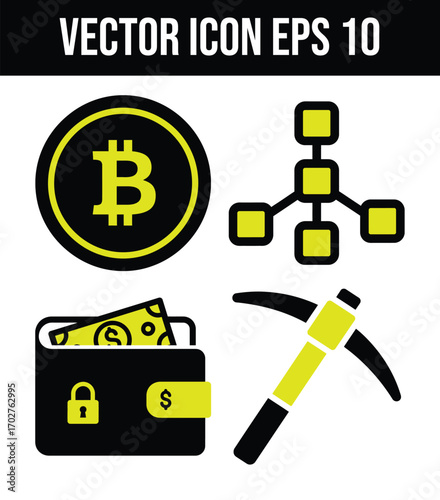 Set of vector icons representing cryptocurrency and blockchain technology, including a bitcoin symbol, a network diagram, a wallet with cash, and a pickaxe for mining, isolated on white background