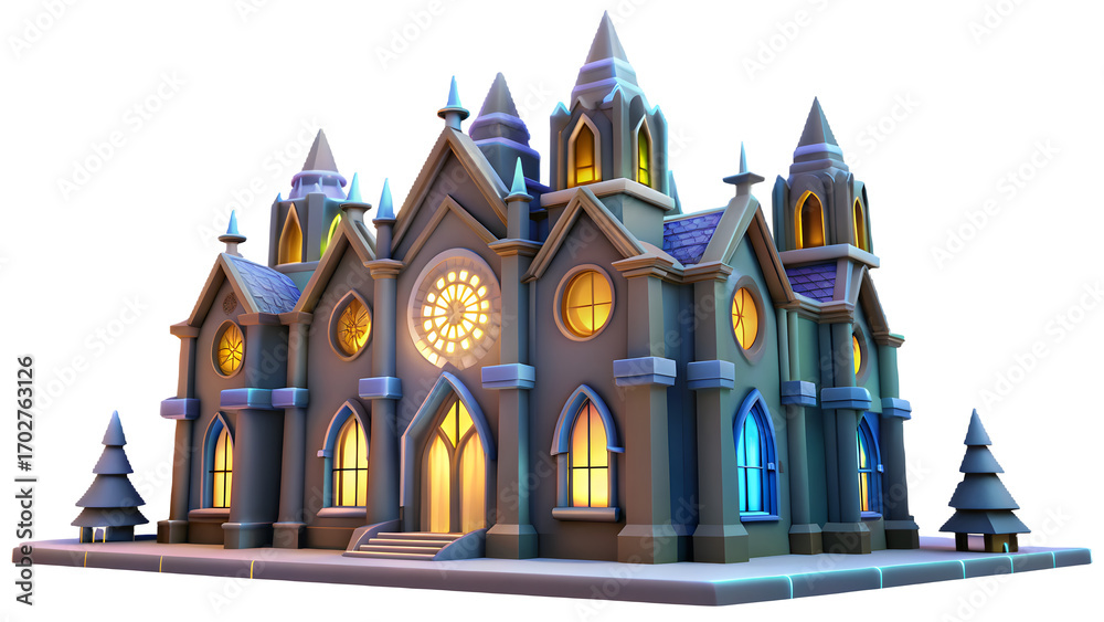 Fototapeta premium Ornate gothic revival miniature building with glowing windows and spire towers isolated on transparent background