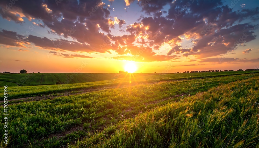 Fototapeta premium Sunset over a grassy field