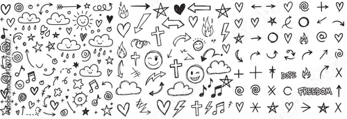 Whimsical Hand Drawn Doodle Collection Featuring Arrows, Hearts, Stars, Clouds, Musical Notes and Graphic Elements in Black and White