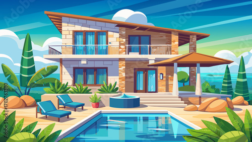 Stylish coastal villa with stone accents, wide verandas, and azure shutters, positioned beside calm, crystal-clear waters for ultimate relaxation.