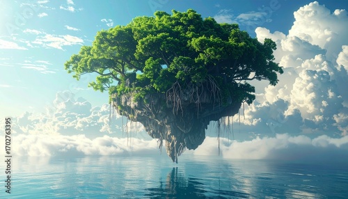 Floating island with giant tree above ocean and clouds