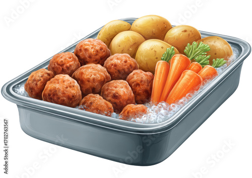 Frozen meal container with meatballs, potatoes, and carrots