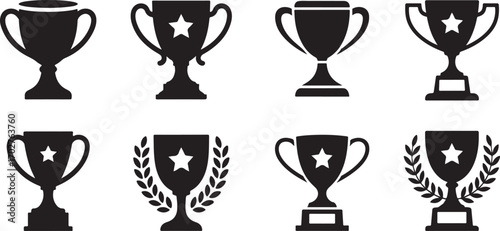 Collection of eight black trophy icons with stars and laurel wreaths award victory winner prize