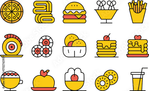 Collection of stylized yellow and red food and drink icons pizza french fries pizza icon