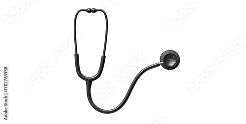 A black medical stethoscope, isolated on a black background.  The stethoscope features a binaural head, earpieces, a curved tube, and a circular diaphragm.  The surfaces appear smooth