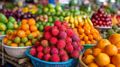 Fototapeta Naklejka Na Ścianę i Meble -  Fresh rambutan, oranges, and other tropical fruits displayed at a vibrant market stall