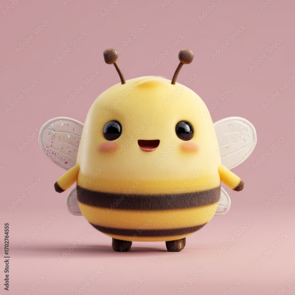 Obraz premium A cartoon bee with yellow and brown stripes wings antennae on a pink background
