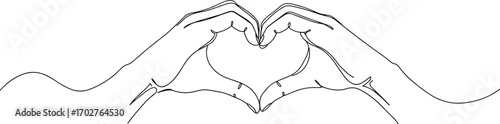 Continuous line art of two hands with extended arms forming a heart symbol, expressing love, unity, and emotional connection