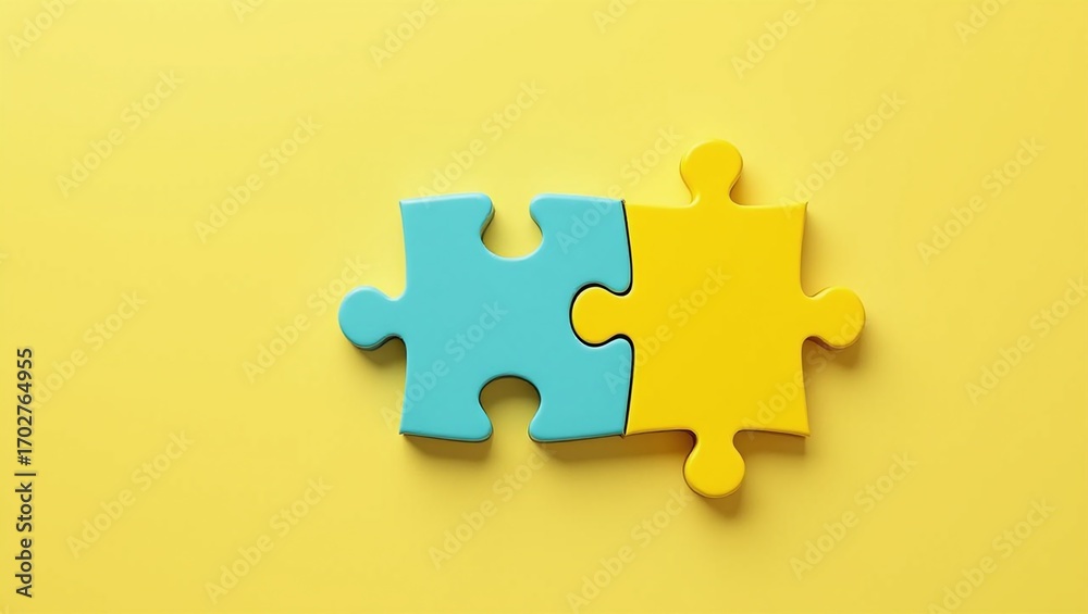 Fototapeta premium Two puzzle pieces connected on a yellow background, symbolizing teamwork and solutions.