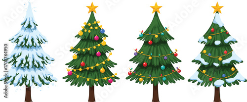 Four winter Christmas trees, each with unique decoration or snow, featuring ornaments, stars, lights, and festive winter themes