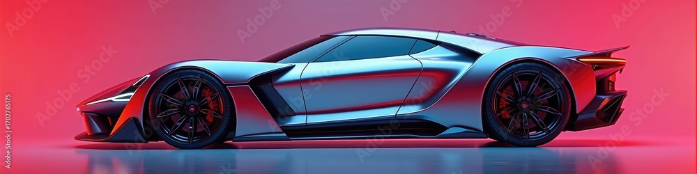 Fototapeta premium A futuristic sports car in a studio with pink lightingOn a red-pink background. Car concept.
