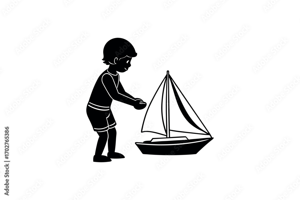 Fototapeta premium child playing with toy sailboat on beach silhouette