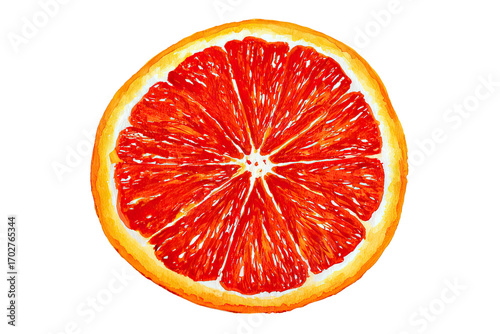 Close-up of a vibrant, sliced blood orange.  The  juicy segments radiate outward from a central point, displaying a rich red color against a pale orange interior.  