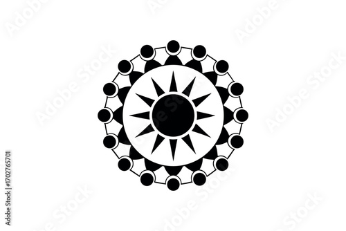 a circular pattern with dots surrounding central sun shape silhouette